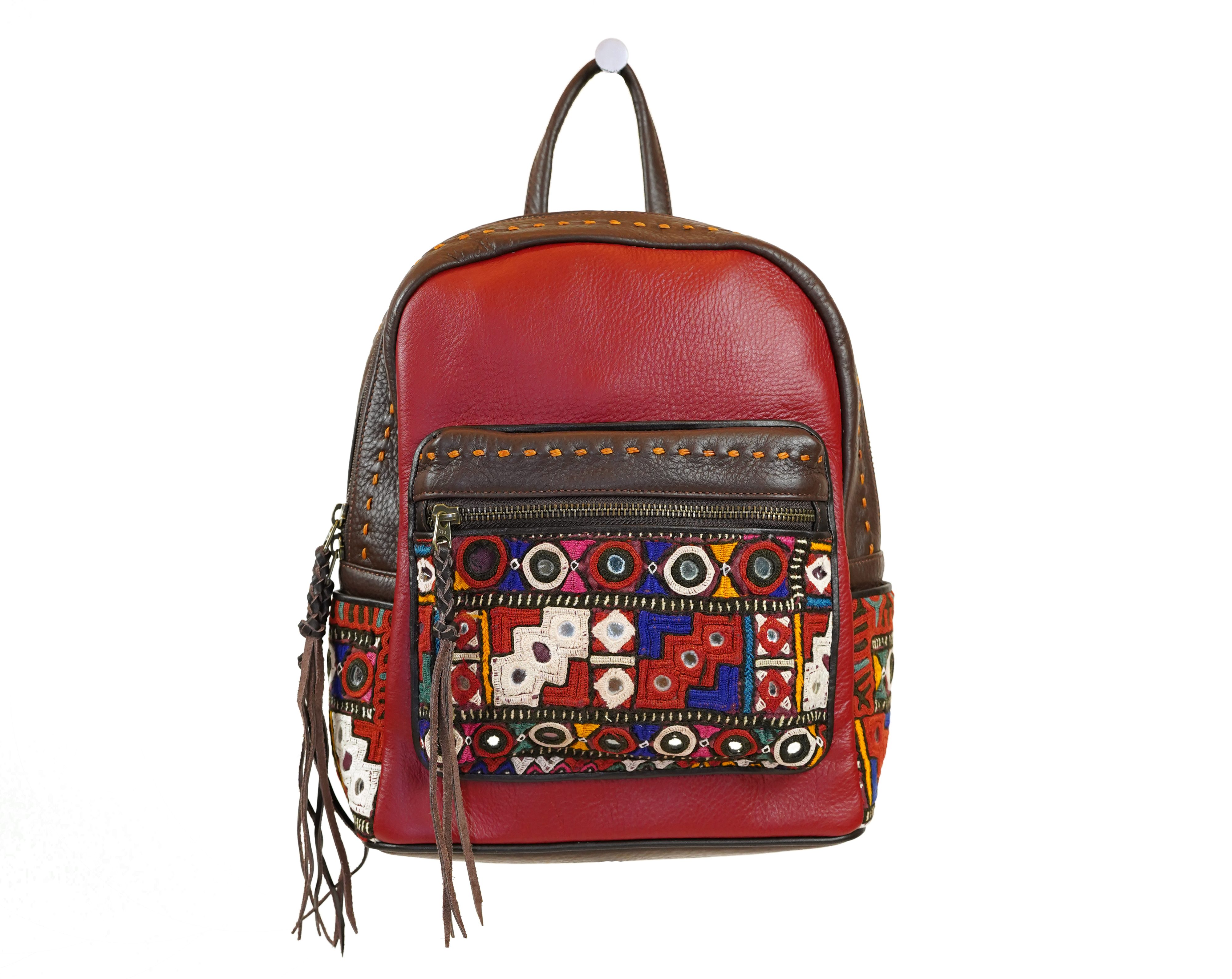 leather mirror work backpack