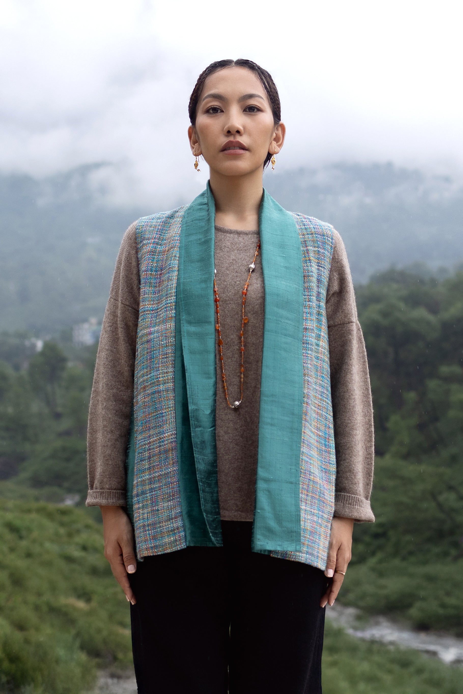 Gilet sans manches, col châle en soie